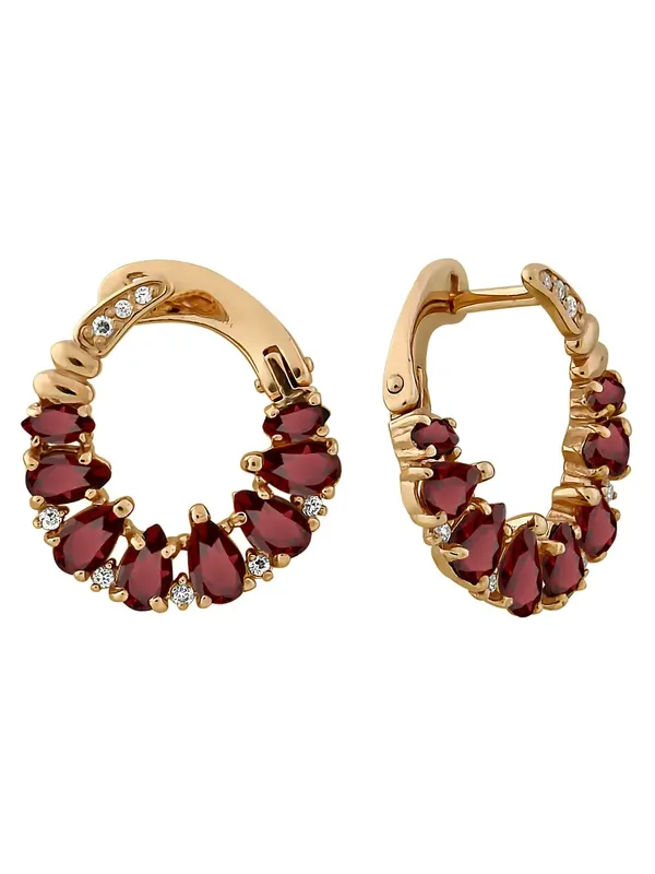 Серьги из серебра с гранатом и фианитом, золочение