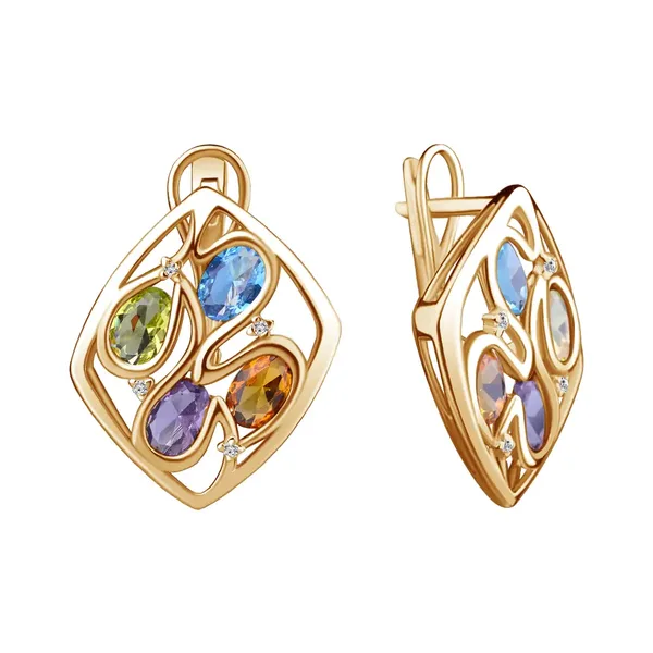 Серьги из серебра с кварцем и фианитом, золочение