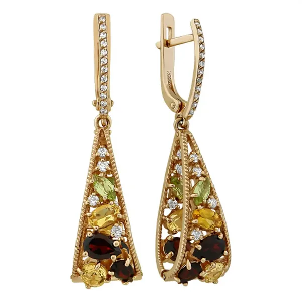 Серьги из серебра с кварцем, плавленным кварцем, топазом, фианитом и цитрином, золочение