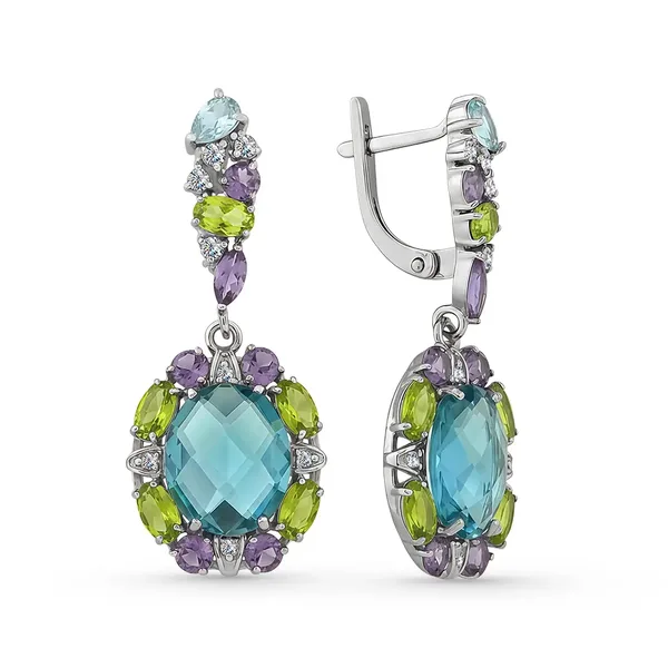 Серьги из серебра с топазом, хризолитом, аметистом и фианитом, родий