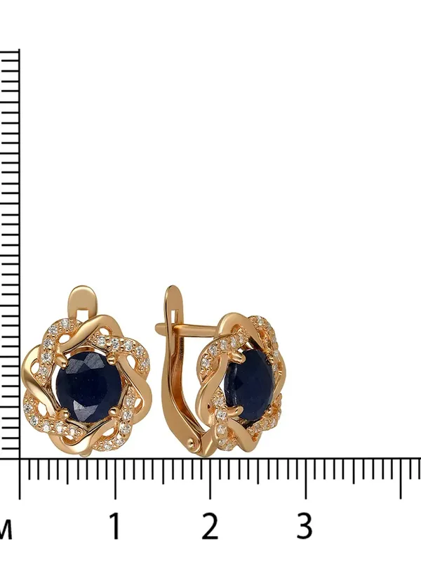 Серьги из серебра с сапфиром и фианитом, золочение