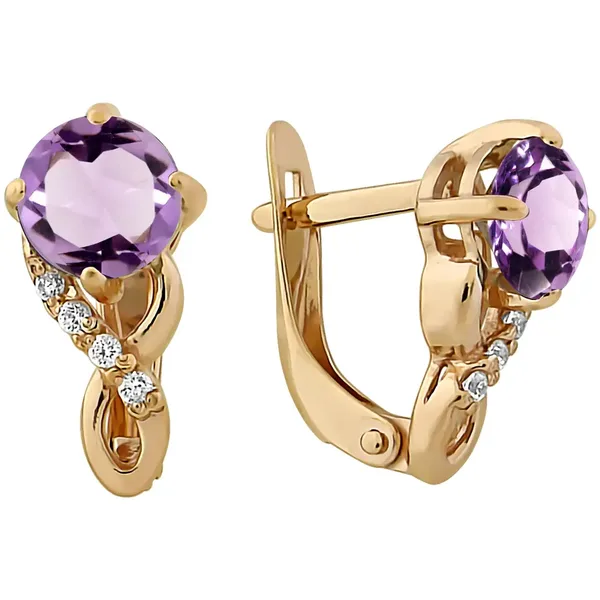 Серьги из серебра с аметистом и фианитом, золочение