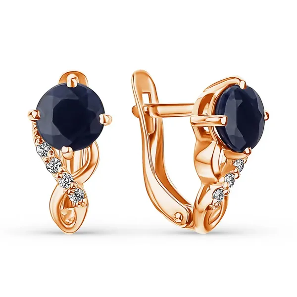Серьги из серебра с сапфиром и фианитом, золочение