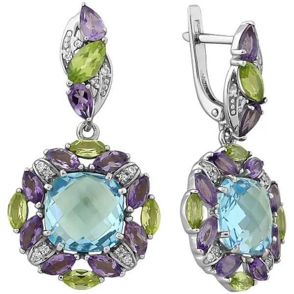 Серьги из серебра с топазом, аметистом, хризолитом и фианитом, родий