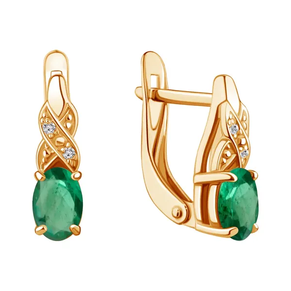 Серьги из серебра с изумрудом и фианитом, золочение