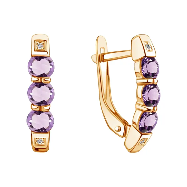 Серьги из серебра с аметистом и фианитом, золочение