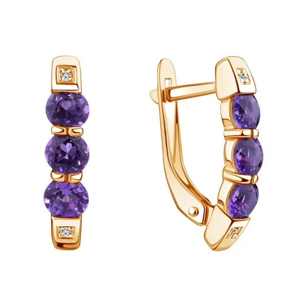 Серьги из серебра с аметистом и фианитом, золочение