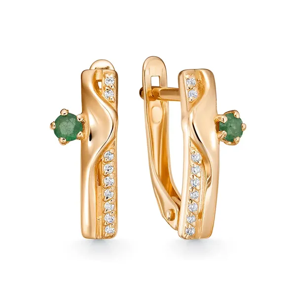 Серьги из серебра с изумрудом и фианитом, золочение