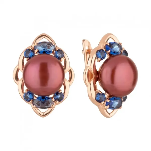 Серьги из серебра с жемчугом, плавленным кварцем, кварцем и сапфиром, золочение