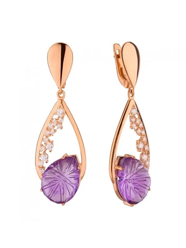 Серьги из серебра с аметистом и фианитом, золочение