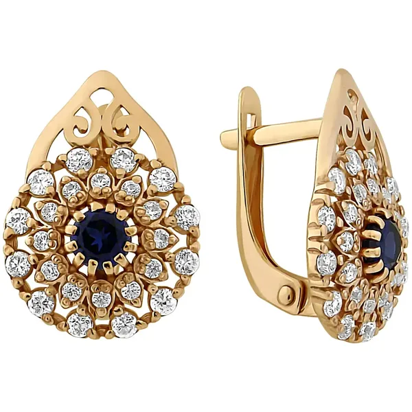 Серьги из серебра с фианитом и корундом, золочение