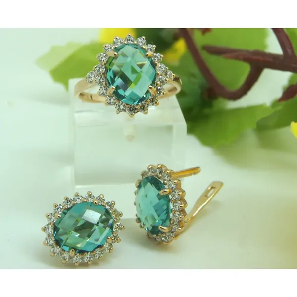 Серьги из серебра с плавленным кварцем, фианитом и кварцем, золочение