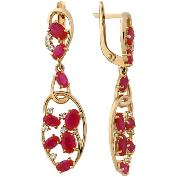 Серьги из серебра с рубином, фианитом и корундом, золочение