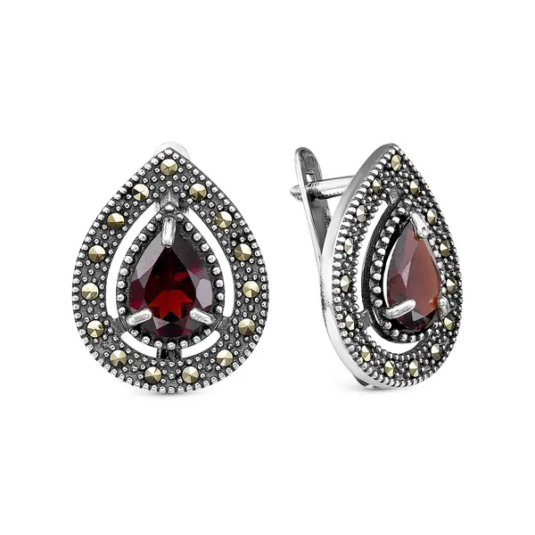 Серьги из серебра с гранатом и марказитом, оксид