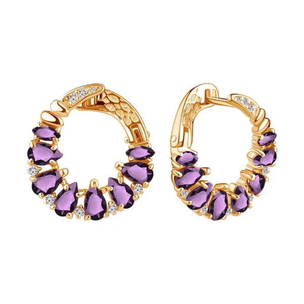 Серьги из серебра с аметистом и фианитом, золочение