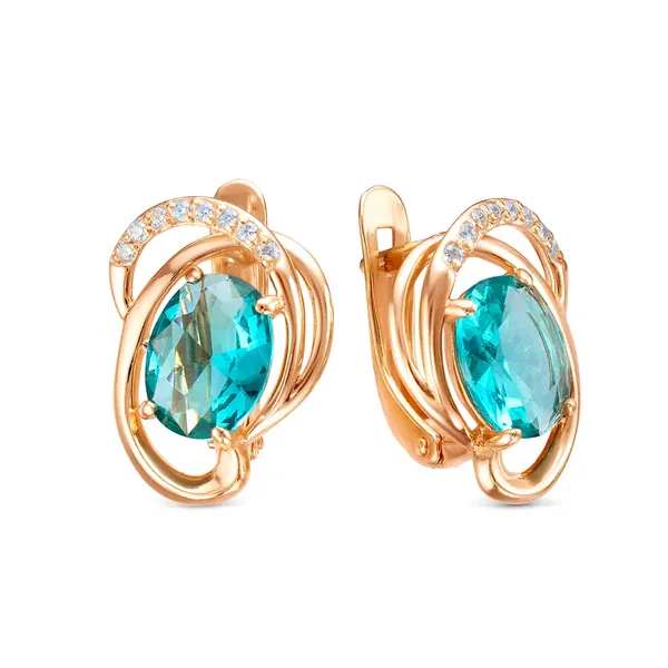 Серьги из серебра с ювелирным кристаллом, фианитом и кварцем, золочение