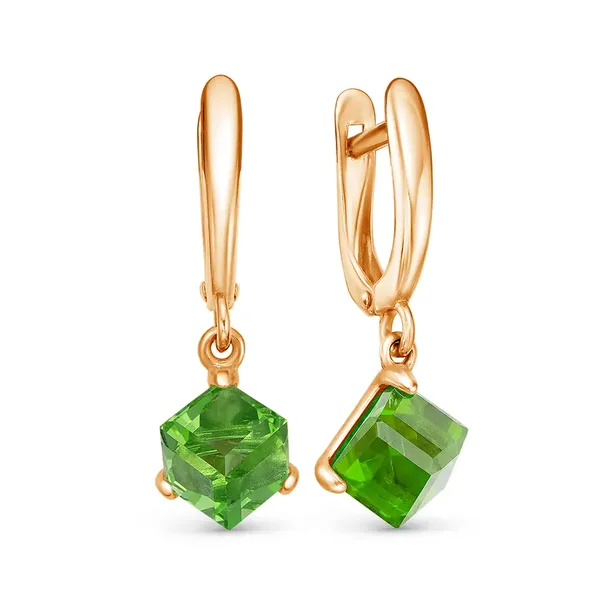 Серьги из серебра с ювелирным кристаллом и хризолитом, золочение