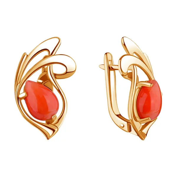 Серьги из серебра с кораллом, золочение