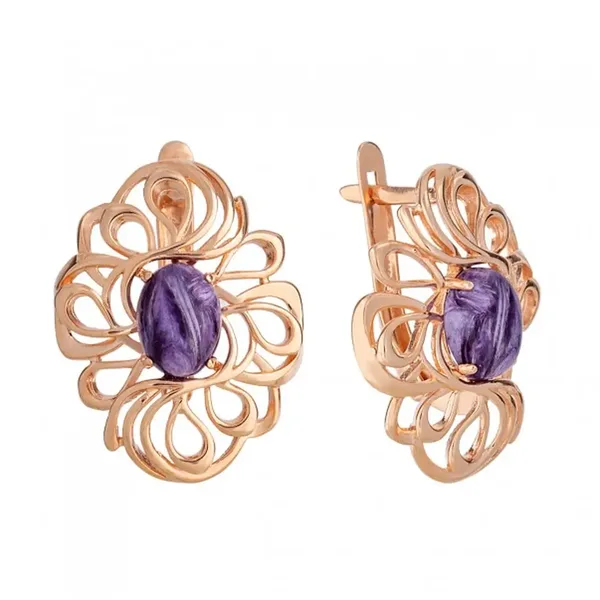 Серьги из серебра с чароитом, золочение
