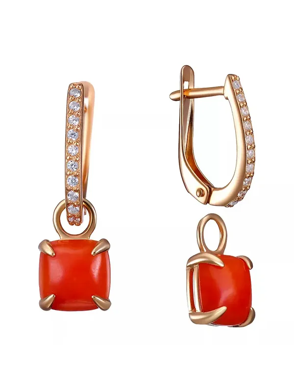 Серьги из серебра с кораллом и фианитом, золочение
