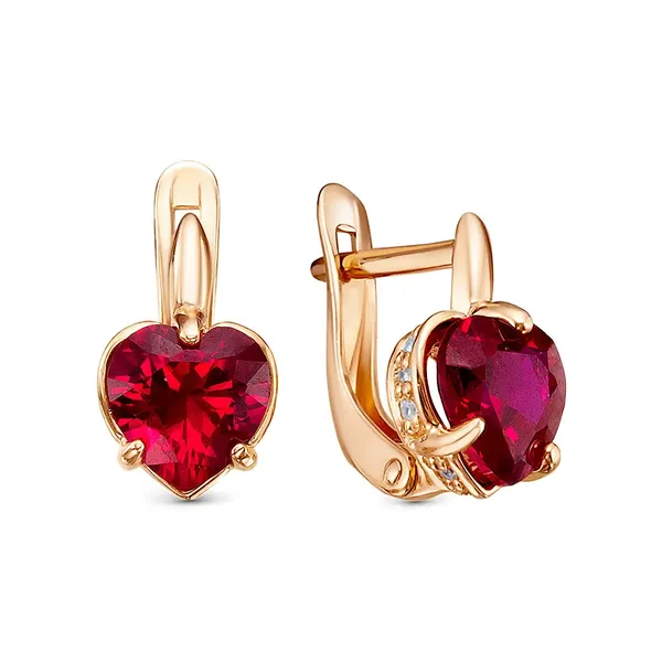 Серьги из серебра с рубином, фианитом и корундом, золочение