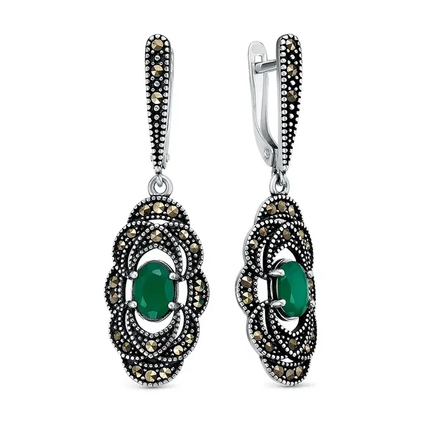 Серьги из серебра с с агатом и марказитом, оксид