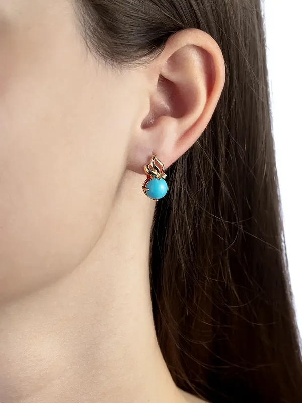 Серьги из серебра с бирюзой и фианитом, золочение