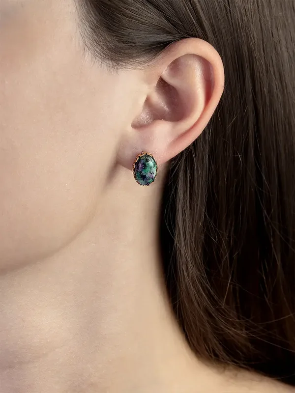 Серьги из серебра с цоизитом, золочение