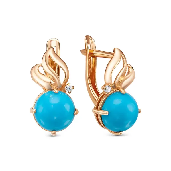 Серьги из серебра с бирюзой и фианитом, золочение