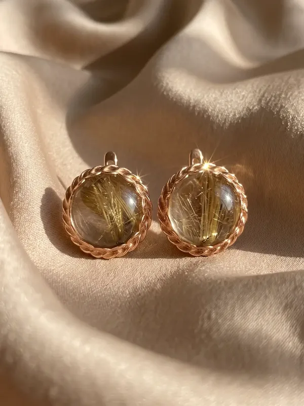 Серьги из серебра с рутиловым кварцем, золочение