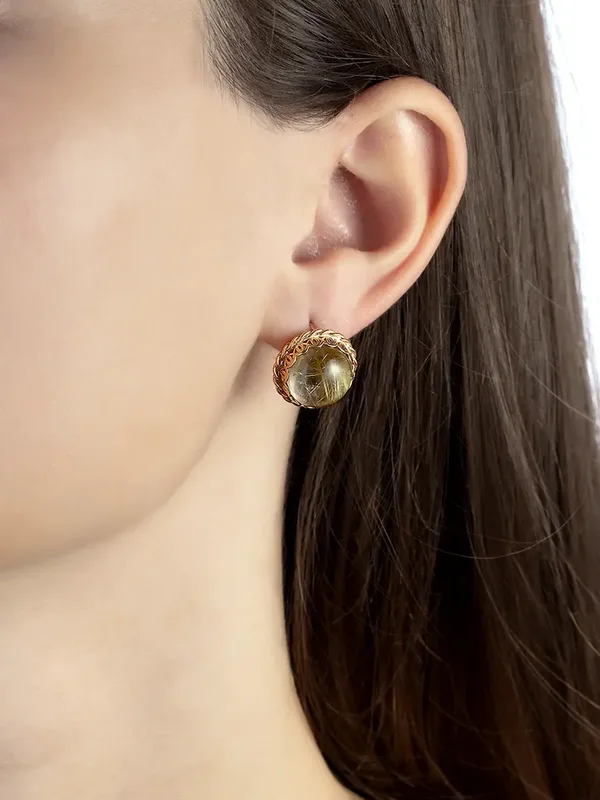Серьги из серебра с рутиловым кварцем, золочение