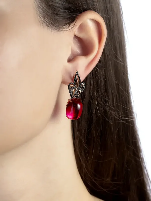 Серьги из серебра с корундом и фианитом, золочение/родий