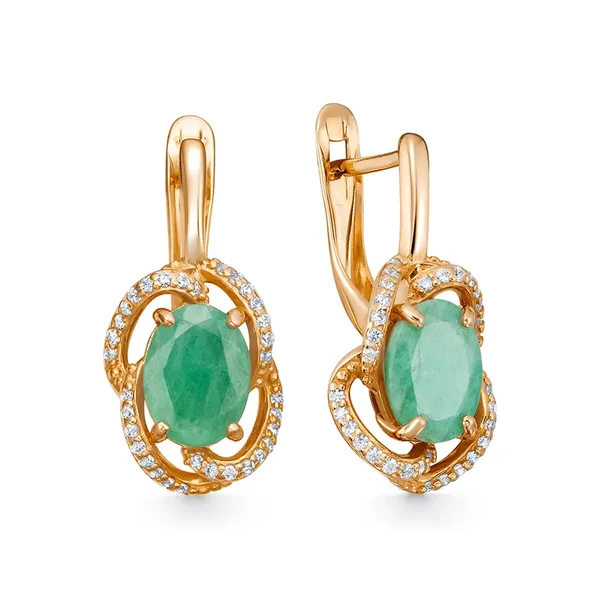Серьги из серебра с изумрудом и фианитом, золочение