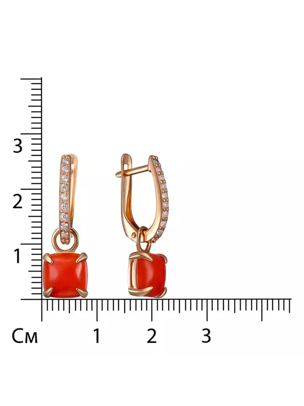 Серьги из серебра с кораллом и фианитом, золочение