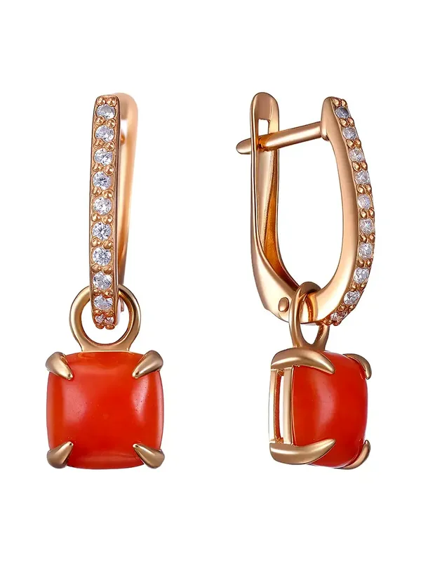 Серьги из серебра с кораллом и фианитом, золочение