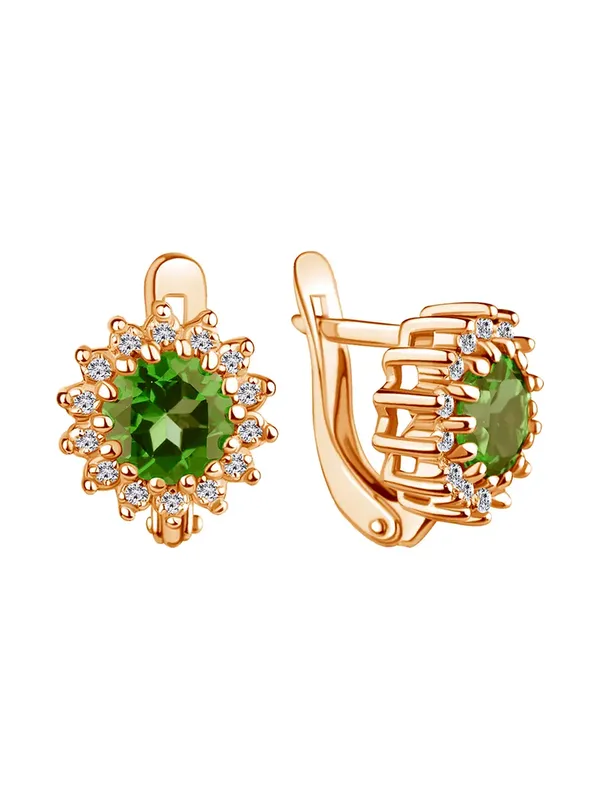 Серьги из серебра с плавленным кварцем, фианитом, кварцем и хризолитом, золочение