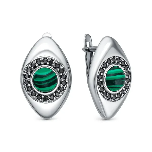 Серьги из серебра с малахитом, родий