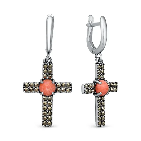 Серьги из серебра с марказитом и кораллом, оксид