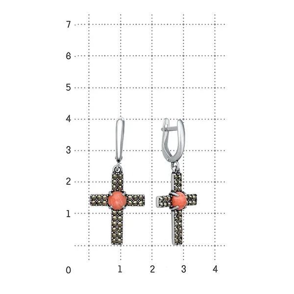 Серьги из серебра с марказитом и кораллом, оксид