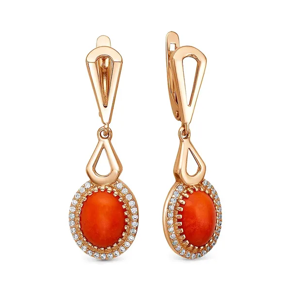 Серьги из серебра с кораллом и фианитом, золочение