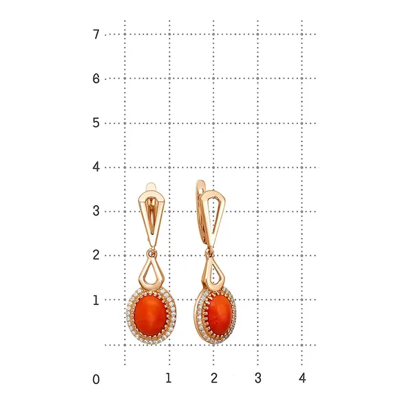 Серьги из серебра с кораллом и фианитом, золочение
