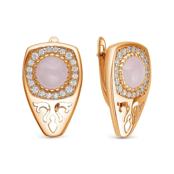 Серьги из серебра с кварцем и фианитом, золочение