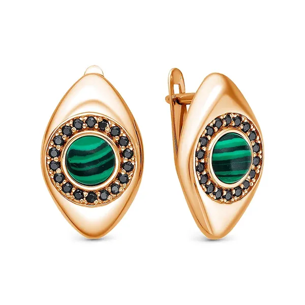 Серьги из серебра с малахитом, золочение