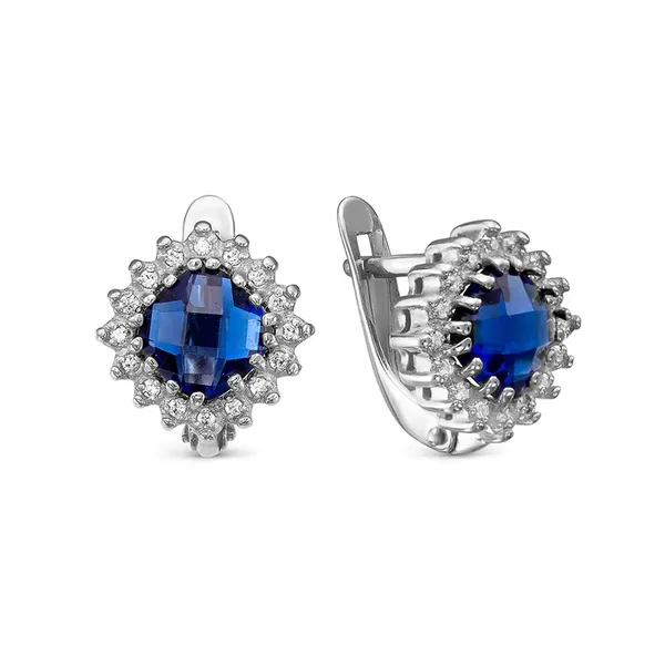 Серьги из серебра с сапфиром, фианитом и корундом, родий
