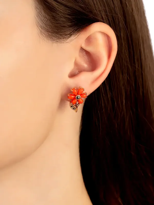 Серьги из серебра с кораллом и марказитом, золочение