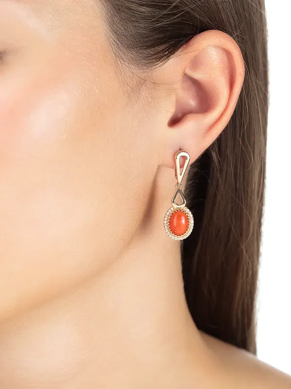Серьги из серебра с кораллом и фианитом, золочение