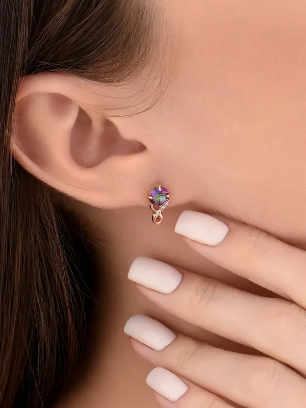 Серьги из серебра с плавленным кварцем, ювелирным кристаллом, фианитом и кварцем, золочение