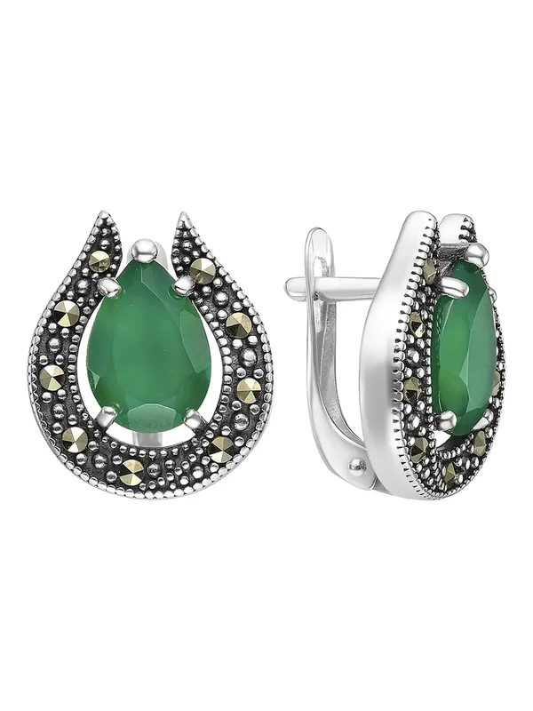 Серьги из серебра с с агатом и марказитом, оксид