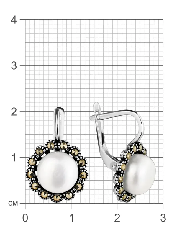 Серьги из серебра с жемчугом и марказитом, оксид