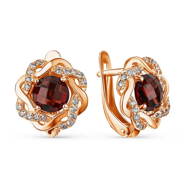 Серьги из серебра с гранатом и фианитом, золочение